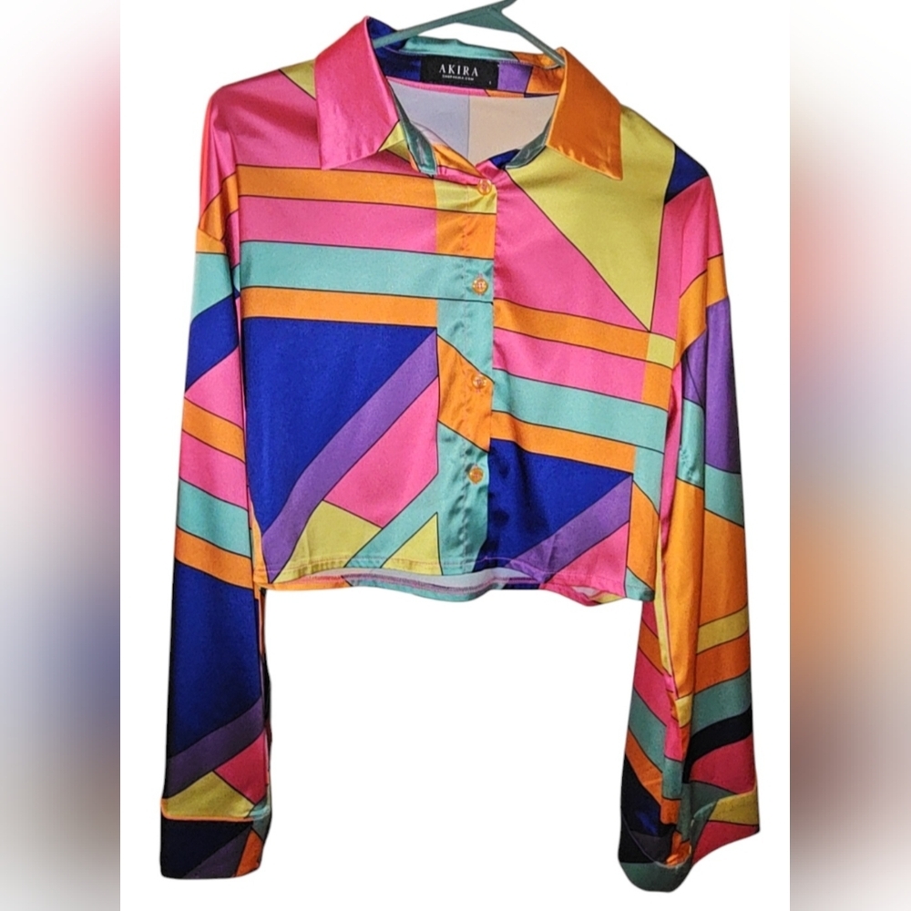 AKIRA Multicolored 70s Inspired Blouse Groovy Funky Rainbow Hippie Boho Small - Picture 2 of 5